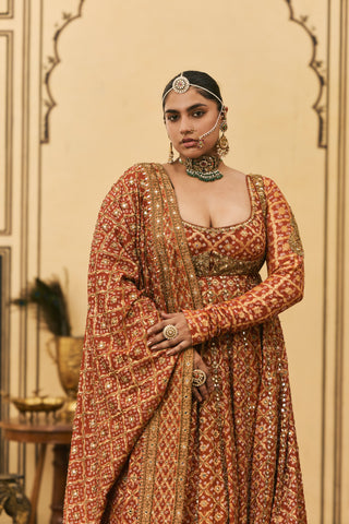 Anarkali Set for Indian Wedding - Orange Polki Bandhani Anarkali Set by Itrh at Mrs. G