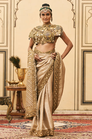 Saree Set for Indian Wedding - Gold Polki Kansya Tissue Brocade Metal Saree Set by Itrh at Mrs. G