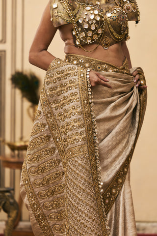 Saree Set for Indian Wedding - Gold Polki Kansya Tissue Brocade Metal Saree Set by Itrh at Mrs. G
