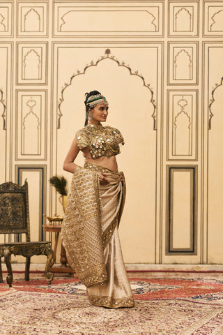 Saree Set for Indian Wedding - Gold Polki Kansya Tissue Brocade Metal Saree Set by Itrh at Mrs. G