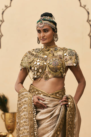 Saree Set for Indian Wedding - Gold Polki Kansya Tissue Brocade Metal Saree Set by Itrh at Mrs. G