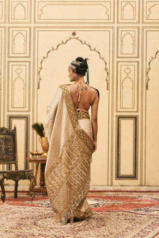 Saree Set for Indian Wedding - Gold Polki Kansya Tissue Brocade Metal Saree Set by Itrh at Mrs. G