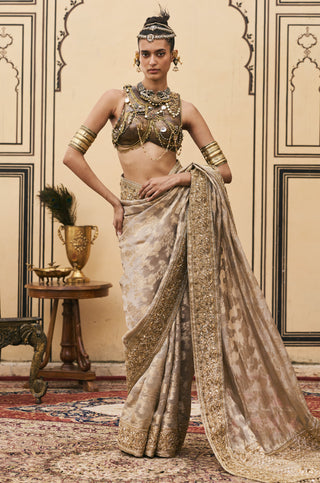 Saree Set for Indian Wedding - Silver Polki Dhoomra Tissue Brocade Metal Saree Set by Itrh at Mrs. G