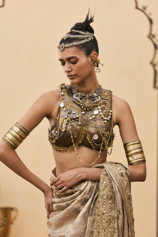 Saree Set for Indian Wedding - Silver Polki Dhoomra Tissue Brocade Metal Saree Set by Itrh at Mrs. G