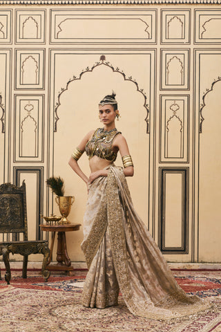 Saree Set for Indian Wedding - Silver Polki Dhoomra Tissue Brocade Metal Saree Set by Itrh at Mrs. G