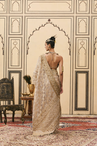 Saree Set for Indian Wedding - Silver Polki Dhoomra Tissue Brocade Metal Saree Set by Itrh at Mrs. G