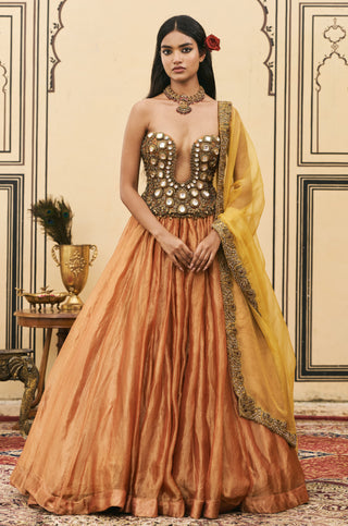 Lehenga Set for Indian Wedding - Orange Polki Narangi Tissue Brocade Lehenga Set by Itrh at Mrs. G