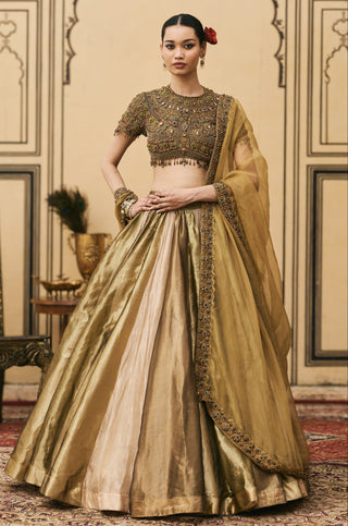 Lehenga Set for Indian Wedding - Gold Polki Rangoli Tissue Brocade Lehenga Set by Itrh at Mrs. G