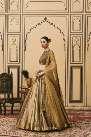 Lehenga Set for Indian Wedding - Gold Polki Rangoli Tissue Brocade Lehenga Set by Itrh at Mrs. G