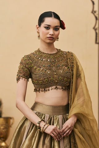 Lehenga Set for Indian Wedding - Gold Polki Rangoli Tissue Brocade Lehenga Set by Itrh at Mrs. G