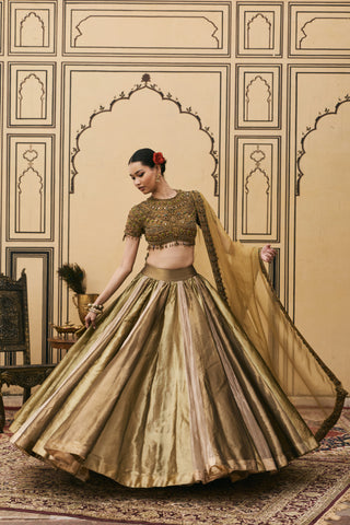 Lehenga Set for Indian Wedding - Gold Polki Rangoli Tissue Brocade Lehenga Set by Itrh at Mrs. G
