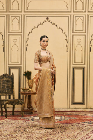 Tissue Saree for Indian Wedding - Peach Polki Tamra Tissue Saree Set by Itrh at Mrs. G