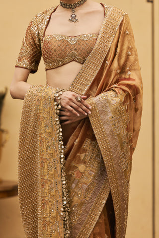 Tissue Saree for Indian Wedding - Peach Polki Tamra Tissue Saree Set by Itrh at Mrs. G