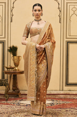 Tissue Saree for Indian Wedding - Peach Polki Tamra Tissue Saree Set by Itrh at Mrs. G
