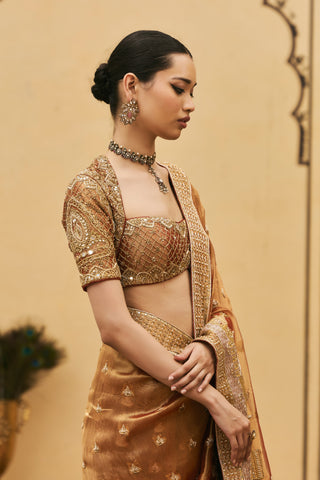 Tissue Saree for Indian Wedding - Peach Polki Tamra Tissue Saree Set by Itrh at Mrs. G