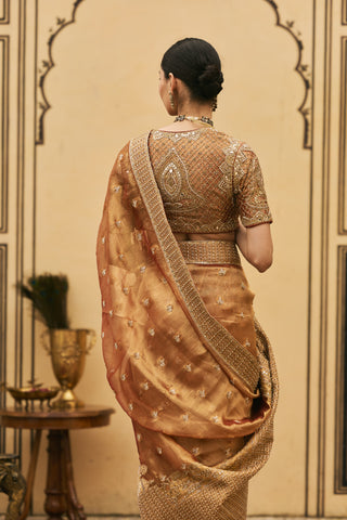 Tissue Saree for Indian Wedding - Peach Polki Tamra Tissue Saree Set by Itrh at Mrs. G
