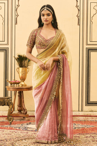Zardosi Saree for Indian Wedding - Multicolor Polki Peela-Gulabi Tissue Zardosi Saree Set by Itrh at Mrs. G