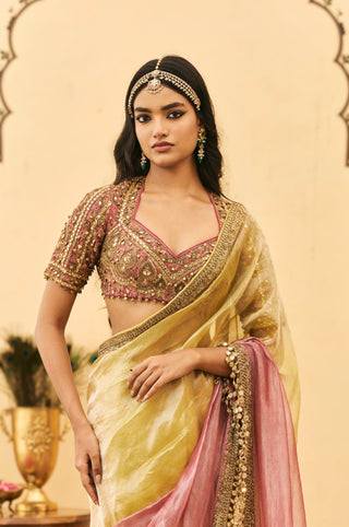 Zardosi Saree for Indian Wedding - Multicolor Polki Peela-Gulabi Tissue Zardosi Saree Set by Itrh at Mrs. G