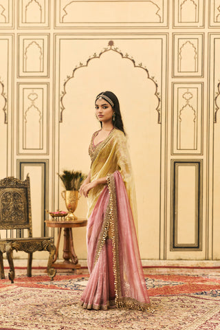 Zardosi Saree for Indian Wedding - Multicolor Polki Peela-Gulabi Tissue Zardosi Saree Set by Itrh at Mrs. G