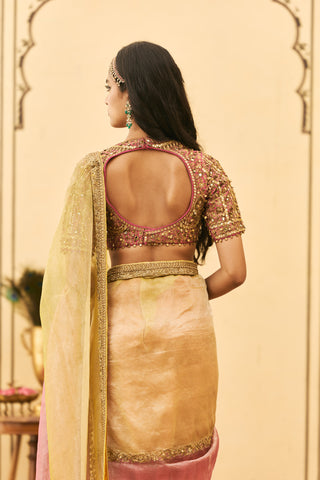 Zardosi Saree for Indian Wedding - Multicolor Polki Peela-Gulabi Tissue Zardosi Saree Set by Itrh at Mrs. G