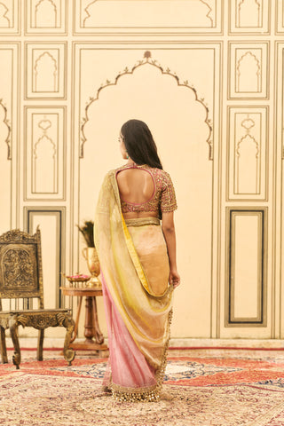 Zardosi Saree for Indian Wedding - Multicolor Polki Peela-Gulabi Tissue Zardosi Saree Set by Itrh at Mrs. G