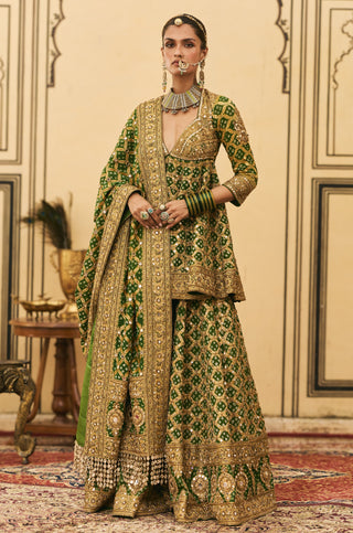 Sharara Set for Indian Wedding - Green Polki Hara Bandhej Sharara Set by Itrh at Mrs. G