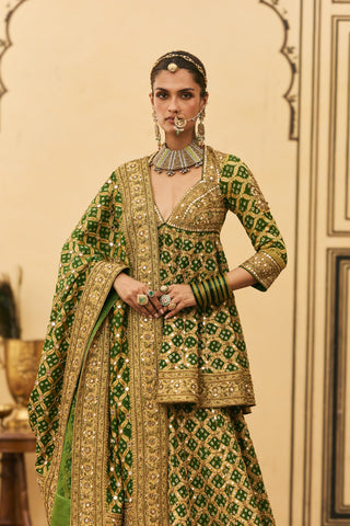 Sharara Set for Indian Wedding - Green Polki Hara Bandhej Sharara Set by Itrh at Mrs. G