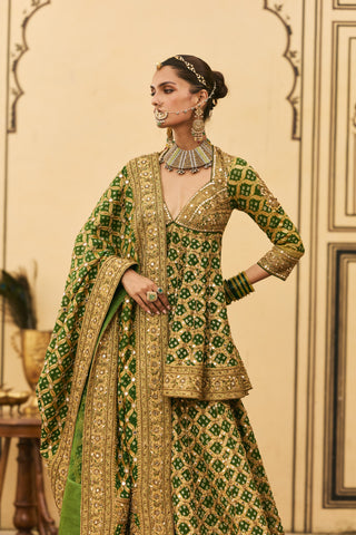 Sharara Set for Indian Wedding - Green Polki Hara Bandhej Sharara Set by Itrh at Mrs. G