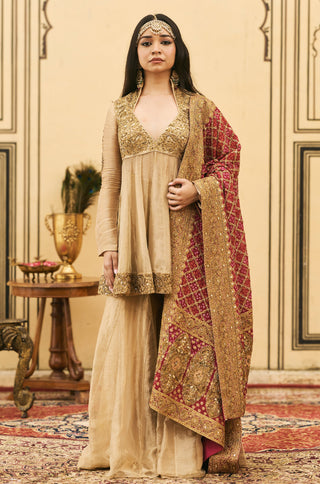 Sharara Set for Indian Wedding - Gold Polki Sunhari-Gulal Tissue Bandhej Sharara Set by Itrh at Mrs. G