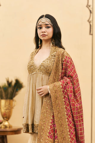 Sharara Set for Indian Wedding - Gold Polki Sunhari-Gulal Tissue Bandhej Sharara Set by Itrh at Mrs. G