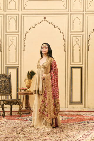 Sharara Set for Indian Wedding - Gold Polki Sunhari-Gulal Tissue Bandhej Sharara Set by Itrh at Mrs. G