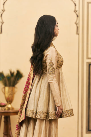 Sharara Set for Indian Wedding - Gold Polki Sunhari-Gulal Tissue Bandhej Sharara Set by Itrh at Mrs. G