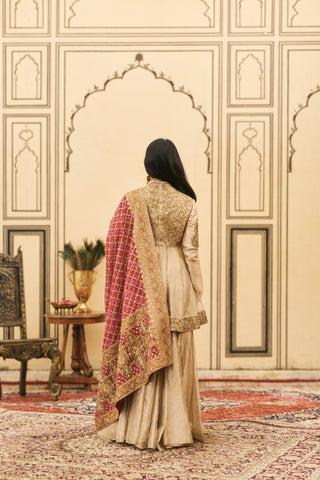 Sharara Set for Indian Wedding - Gold Polki Sunhari-Gulal Tissue Bandhej Sharara Set by Itrh at Mrs. G