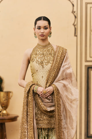 Farshi Set for Indian Wedding - Gold Polki Hariyal Velvet Brocade Farshi Set by Itrh at Mrs. G