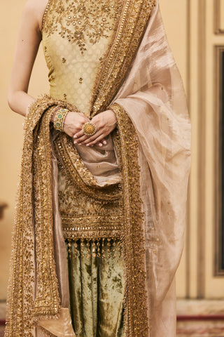 Farshi Set for Indian Wedding - Gold Polki Hariyal Velvet Brocade Farshi Set by Itrh at Mrs. G