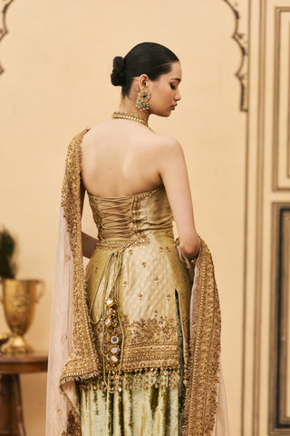 Farshi Set for Indian Wedding - Gold Polki Hariyal Velvet Brocade Farshi Set by Itrh at Mrs. G