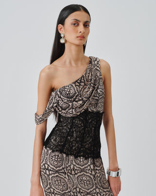 Ajrakh Gown Contemporary Wear – Beige Tara by Aroka