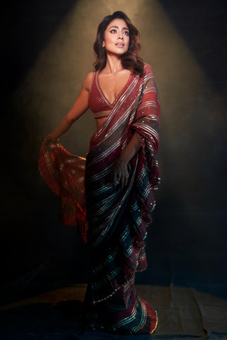 Saree for Wedding Reception – Gray Multicolor Gota Pre-Draped by Vvani By Vani Vats