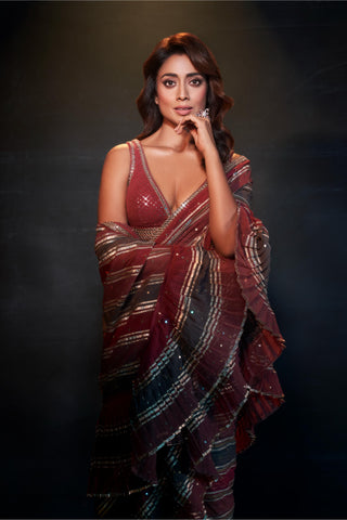 Saree for Wedding Reception – Gray Multicolor Gota Pre-Draped by Vvani By Vani Vats