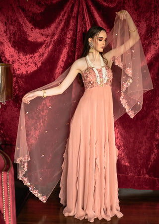 Dusty pink frills anarkali and dupatta