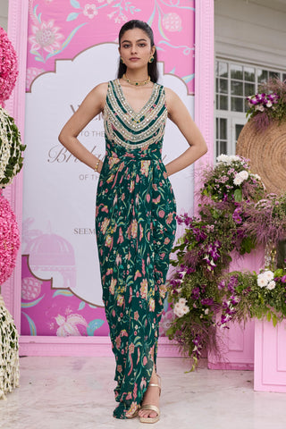Draped dress Contemporary Wear Green Devvaki by Seema Thukral