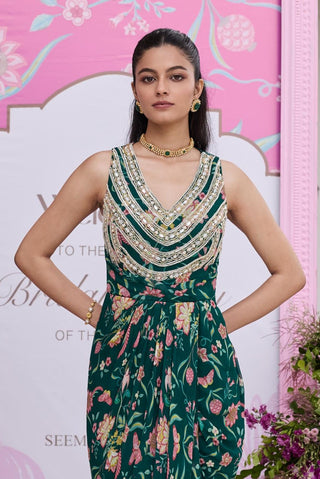 Draped dress Contemporary Wear Green Devvaki by Seema Thukral