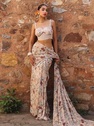 Misha blush pink printed draped skirt sari and choli