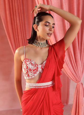 Zoe red ruffle saree set