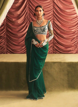 Embellished Choli with Emerald Green Organza Saree – Seema Thukral