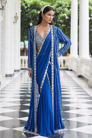 Pre draped saree Indian Wedding Blue Alaya by Seema Thukral