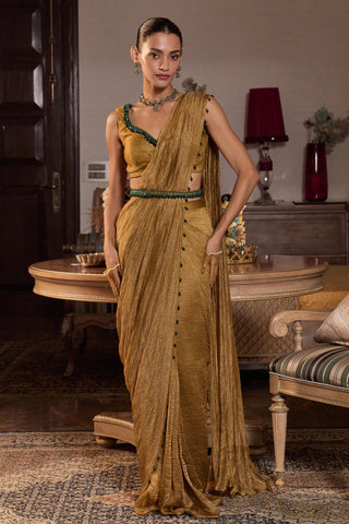 Gold saree set Indian Wedding Shivani by Seema Thukral