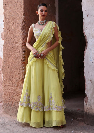 Jinal neon green pre-stitched lehenga saree and choli - Jinal neon green pre-stitched lehenga saree - Seema Thukral - Available at Mrs. G