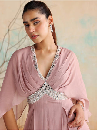 Dusty pink draped pleated jumpsuit with belt
