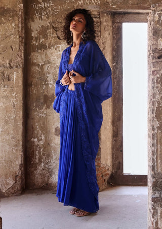 Myra electric blue cape with draped skirt and choli